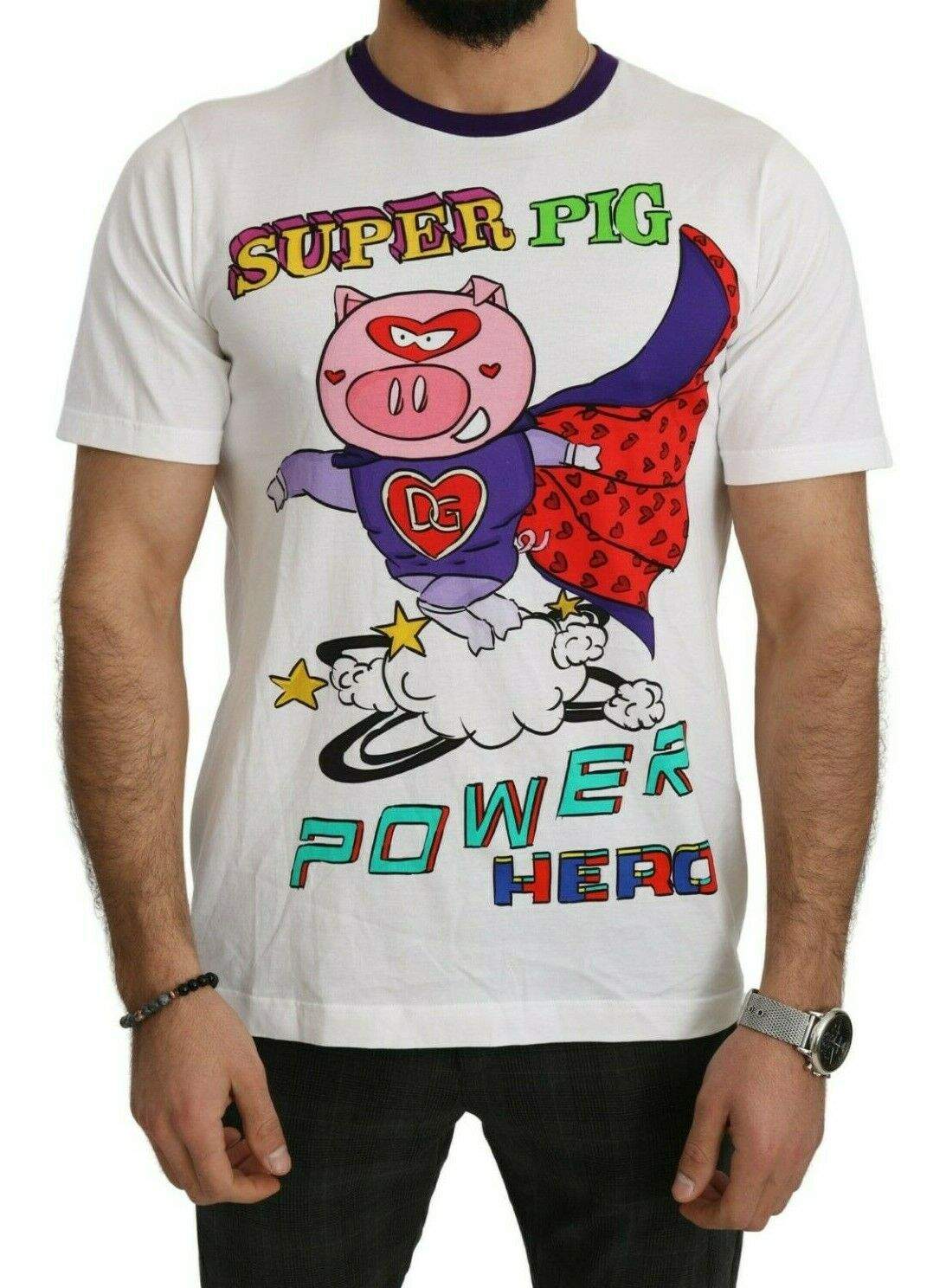 Seymayka Dolce Gabbana White Cotton Top Super Power Pig T shirt