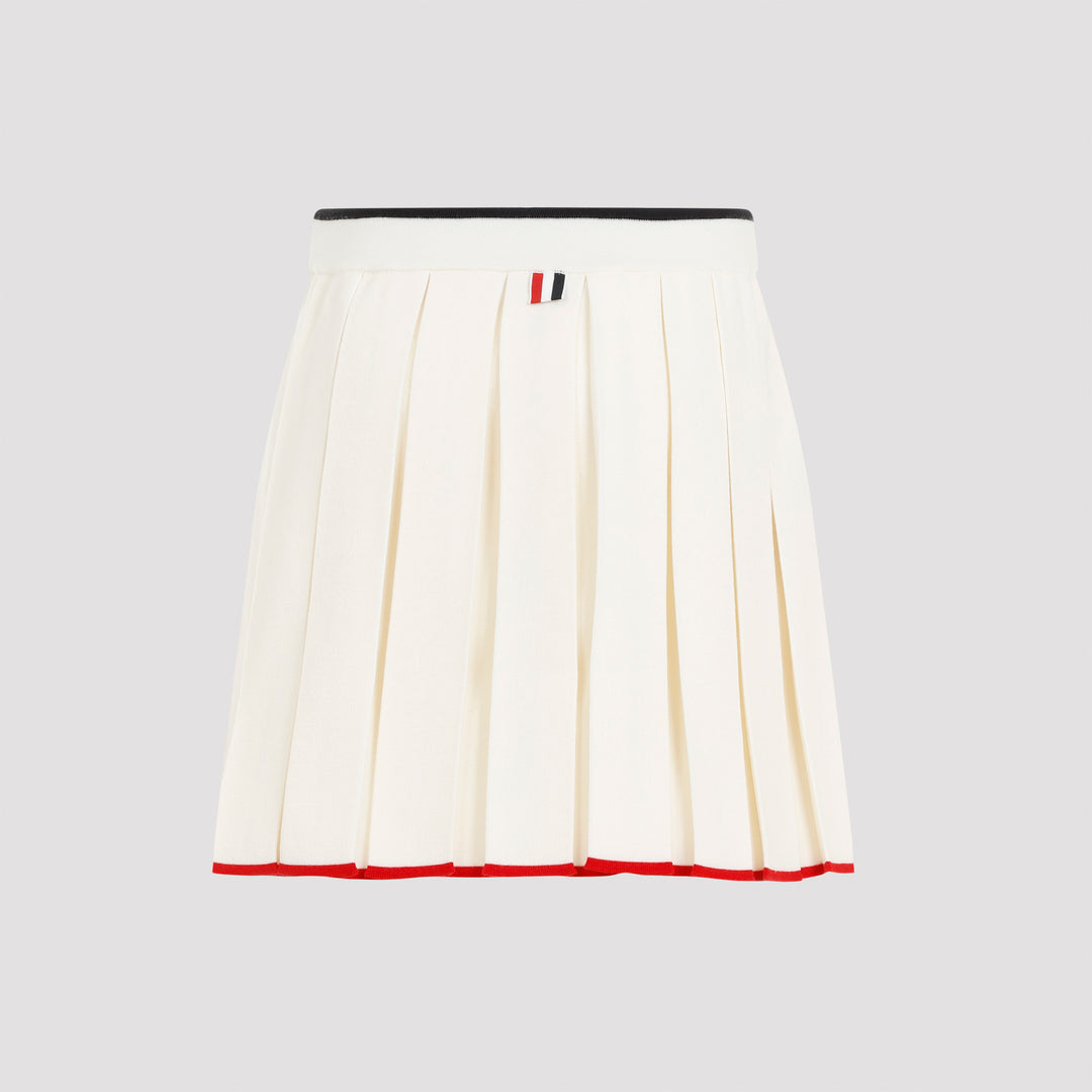 White Virgin Wool Full Needle Stitch Mini Pleated Skirt-3