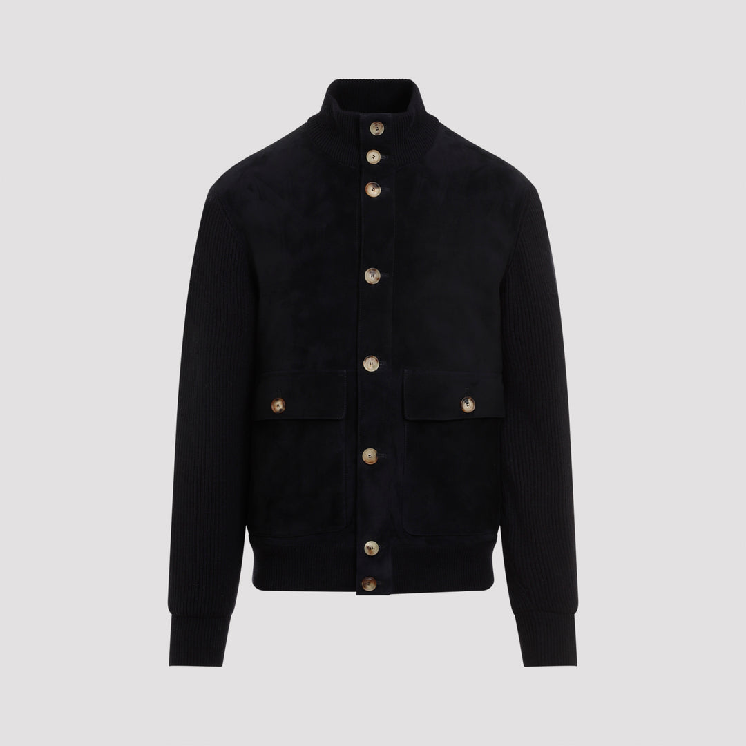 Navy Blue Suede Leather Bomber Jacket-0