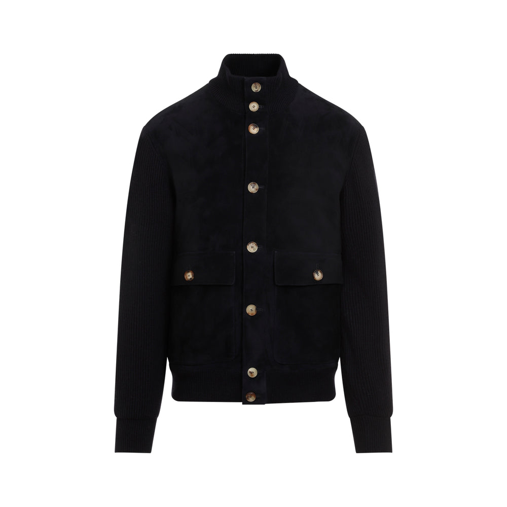 Navy Blue Suede Leather Bomber Jacket-1