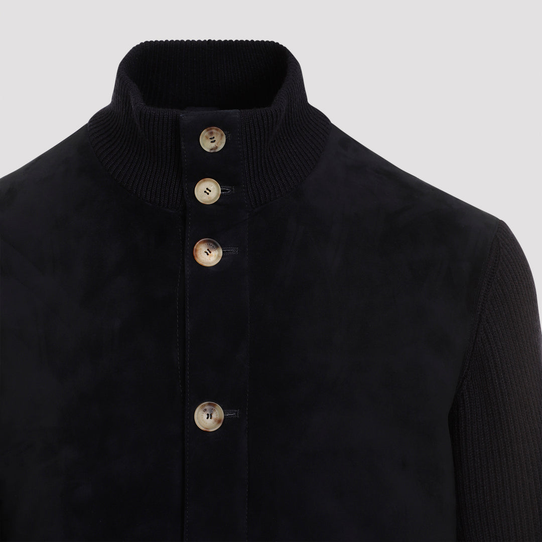 Navy Blue Suede Leather Bomber Jacket-5