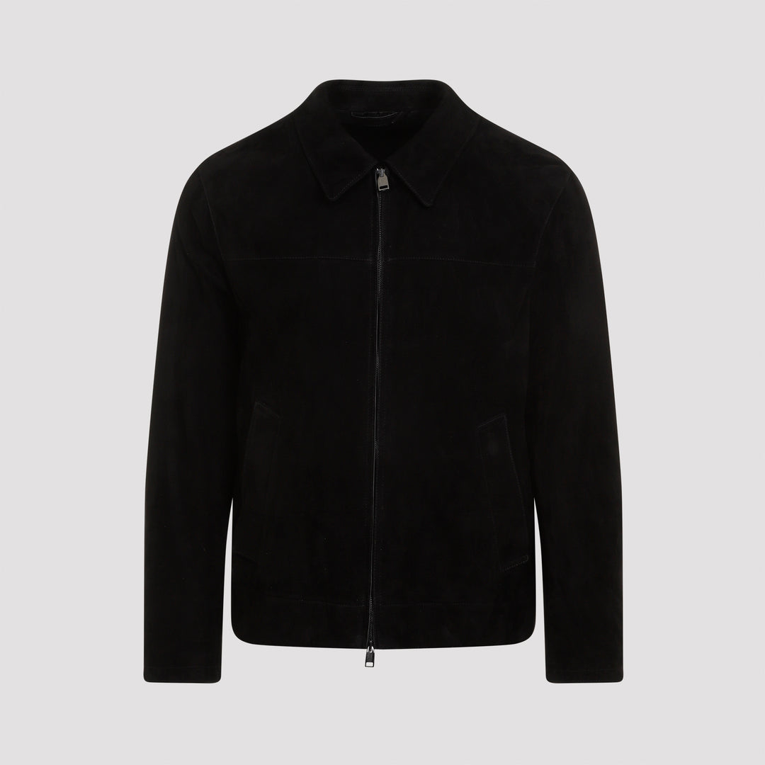 Black Suede Leather Shirt Collar Blouson-0