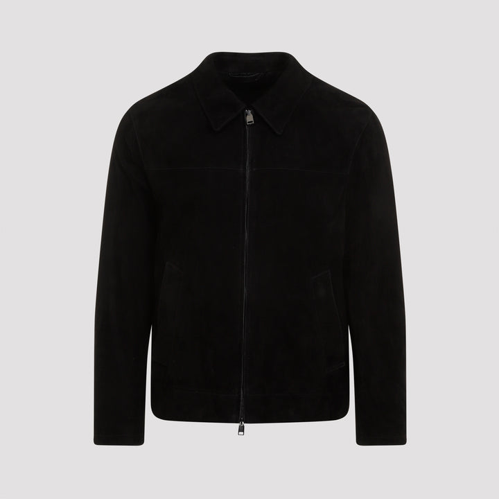 Black Suede Leather Shirt Collar Blouson-0