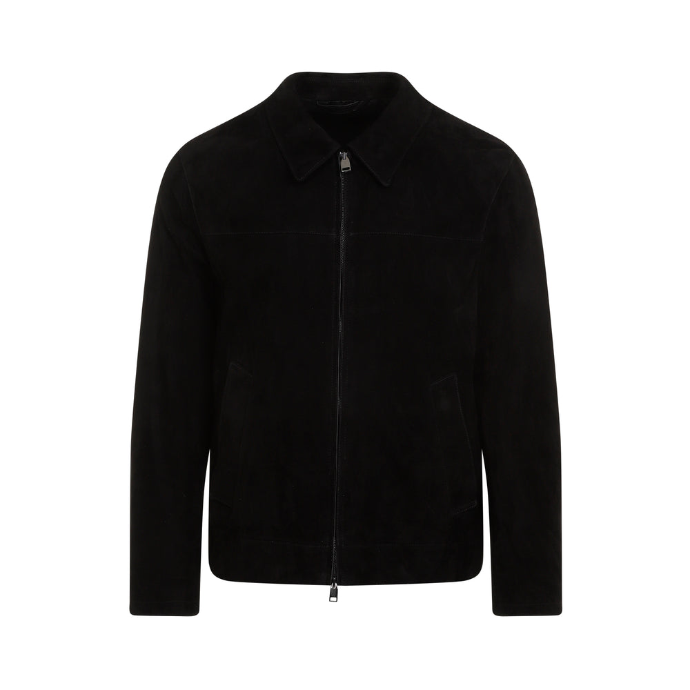 Black Suede Leather Shirt Collar Blouson-1