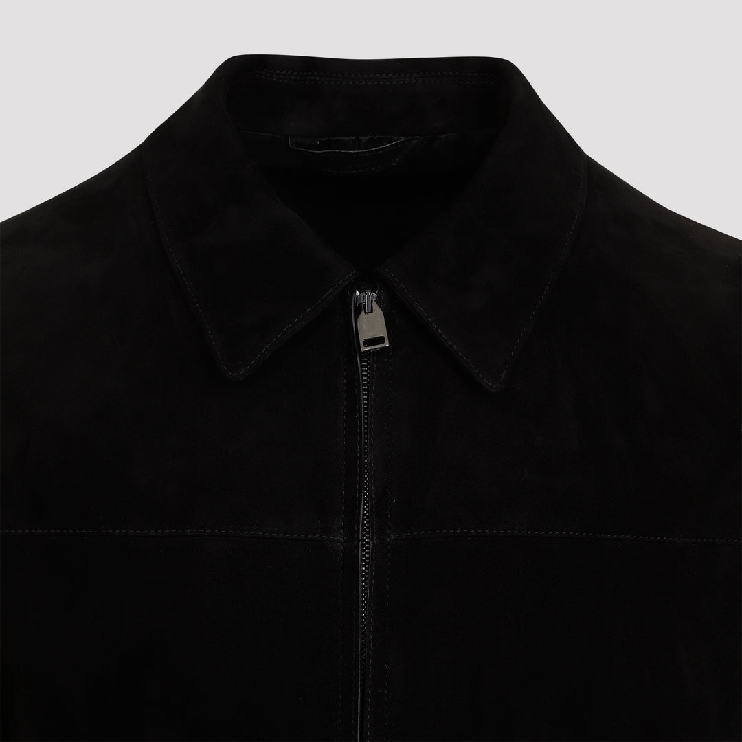 Black Suede Leather Shirt Collar Blouson-5