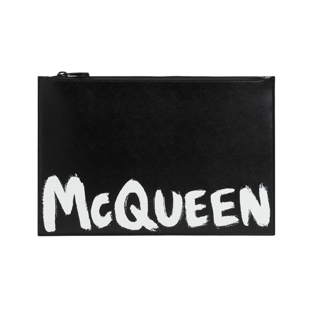 Black Leather Flat Zip Graffiti Pouch-1