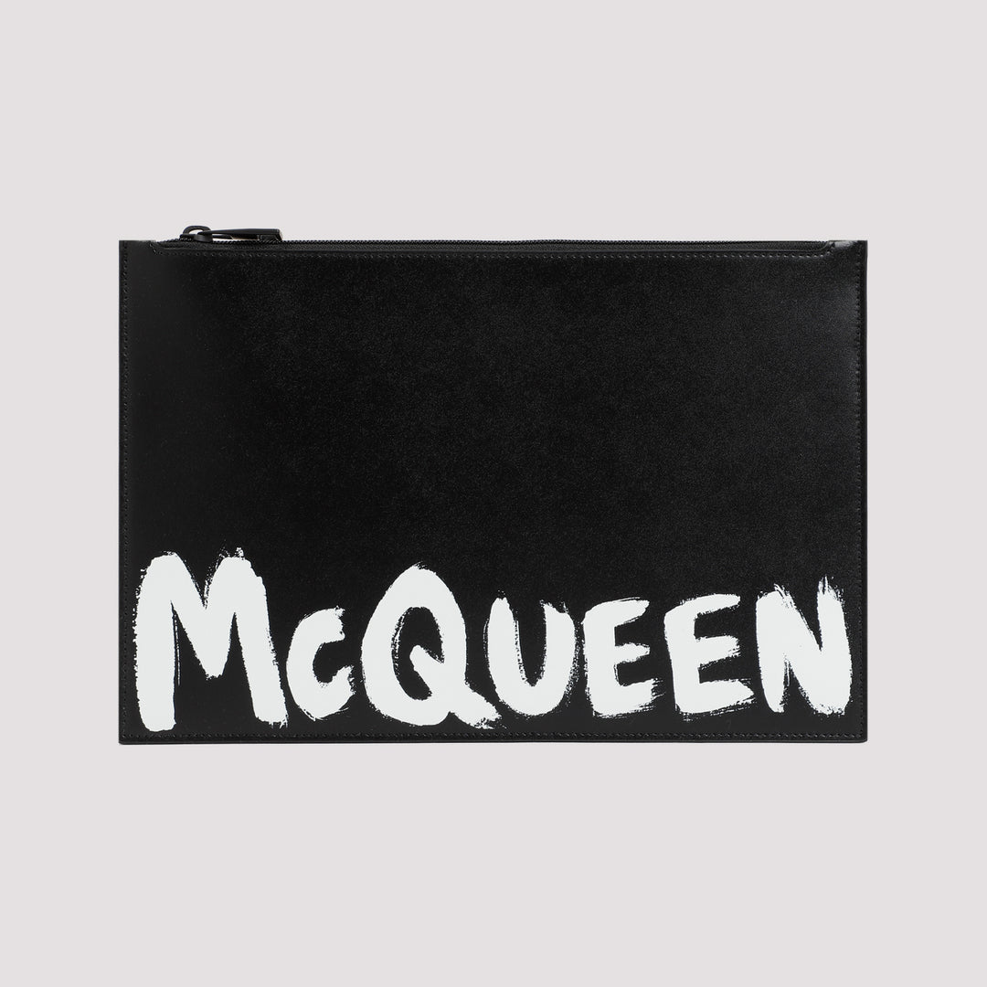 Black Leather Flat Zip Graffiti Pouch-2