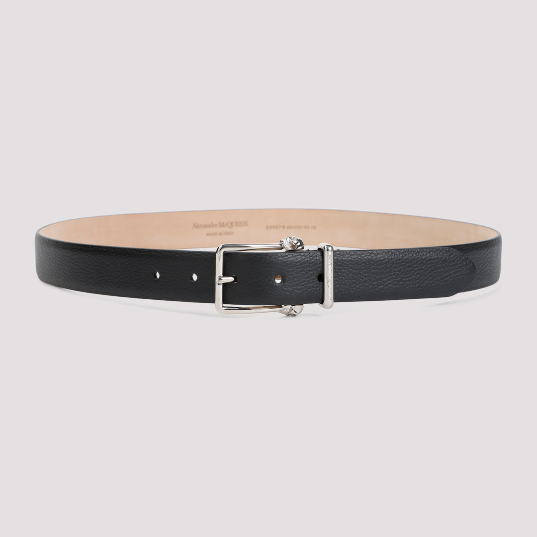 Black Thin Twin Skull Grained Leather Belt-0