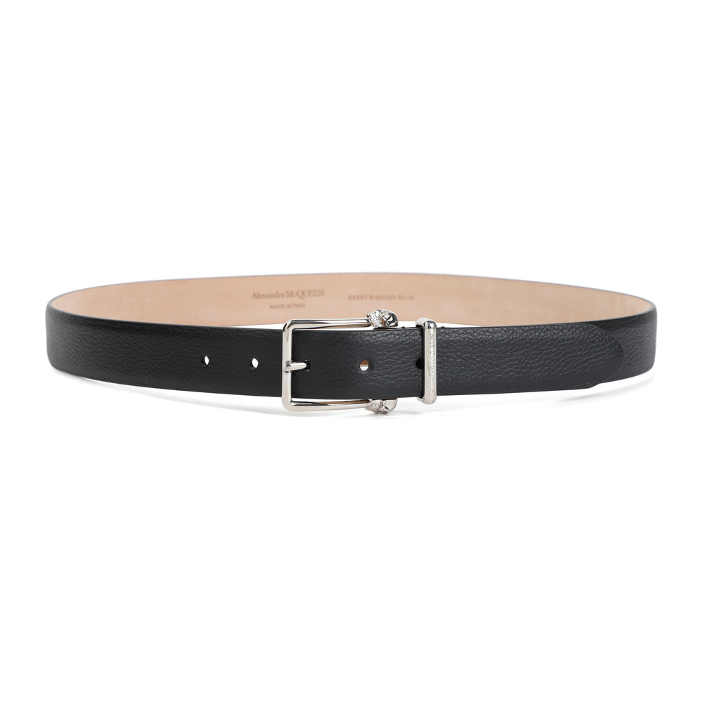 Black Thin Twin Skull Grained Leather Belt-1