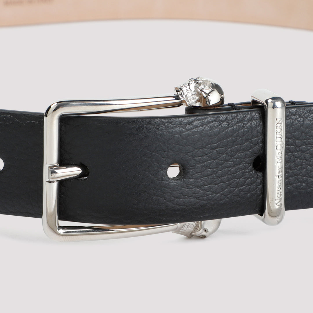 Black Thin Twin Skull Grained Leather Belt-3