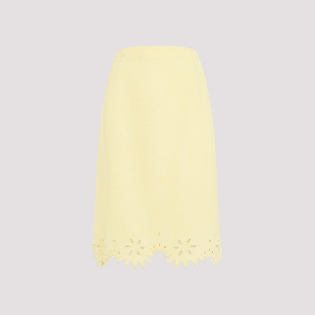 Yellow Grainy English Embroidery Viscose Midi Skirt-0