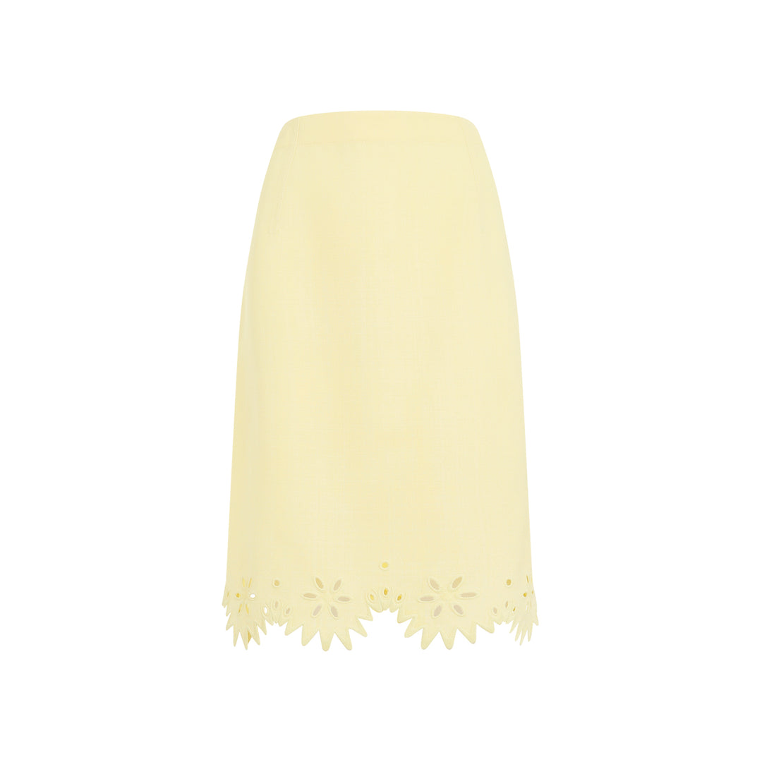 Yellow Grainy English Embroidery Viscose Midi Skirt-1