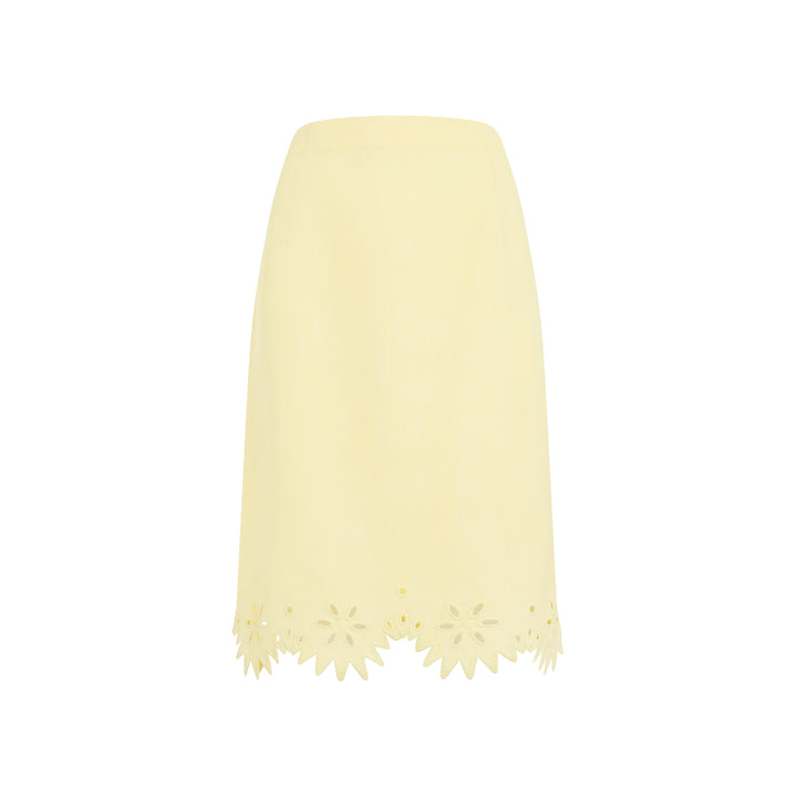 Yellow Grainy English Embroidery Viscose Midi Skirt-1