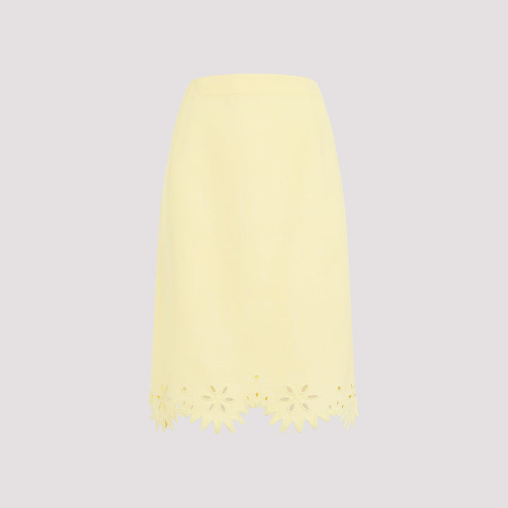 Yellow Grainy English Embroidery Viscose Midi Skirt-2