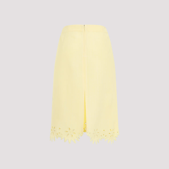 Yellow Grainy English Embroidery Viscose Midi Skirt-3