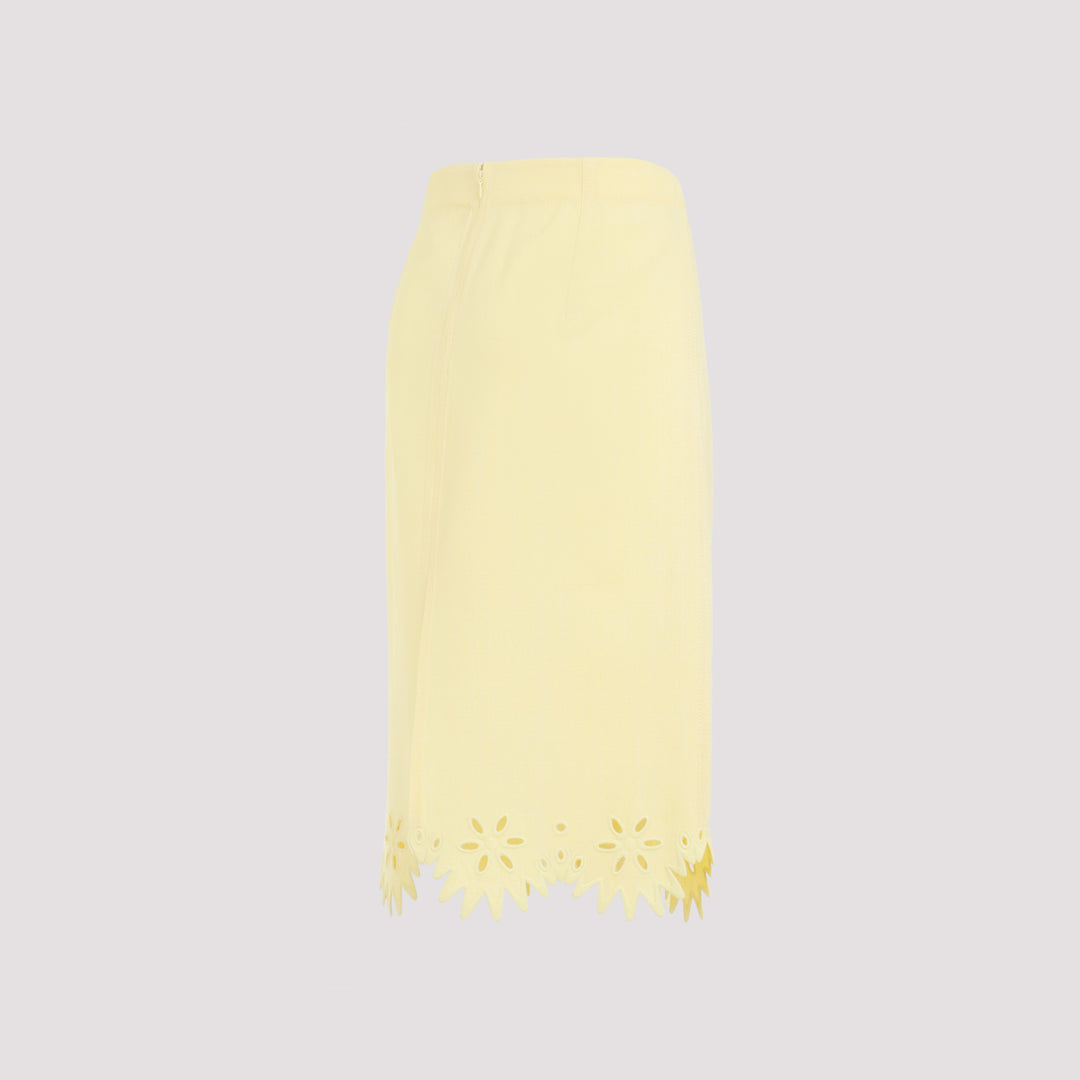 Yellow Grainy English Embroidery Viscose Midi Skirt-4