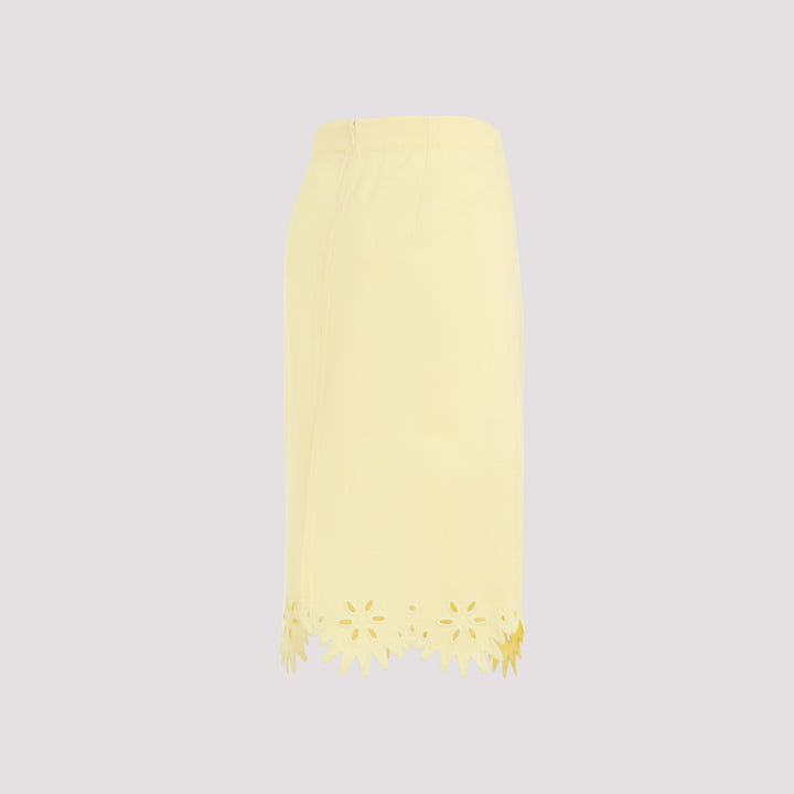 Yellow Grainy English Embroidery Viscose Midi Skirt-4