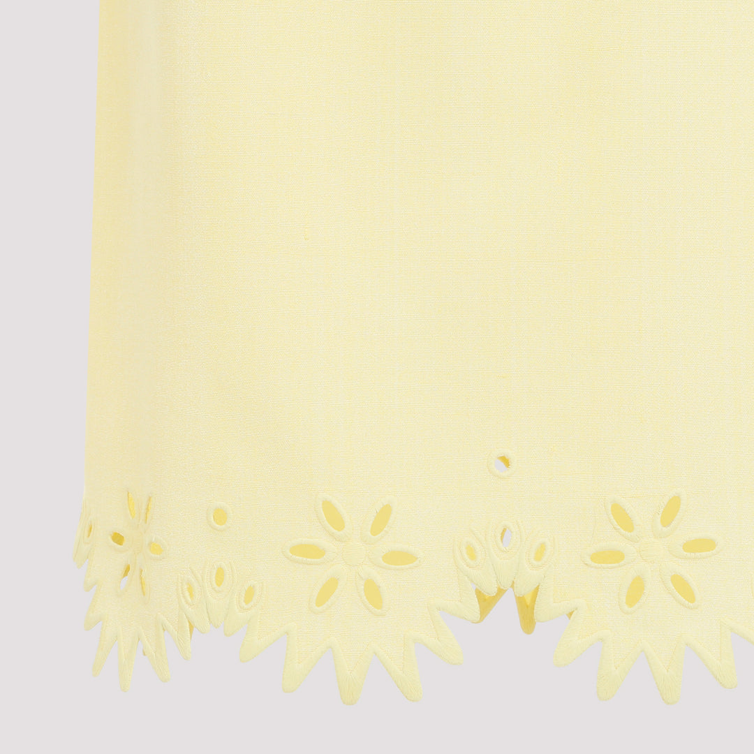 Yellow Grainy English Embroidery Viscose Midi Skirt-5