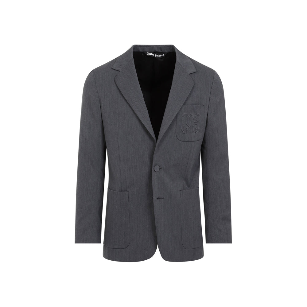 Light Grey Monogram Pocket Polyester Blazer-1