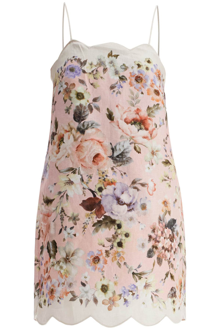 mini floral linen dress in pink with scallop neckline and sleeveless-0