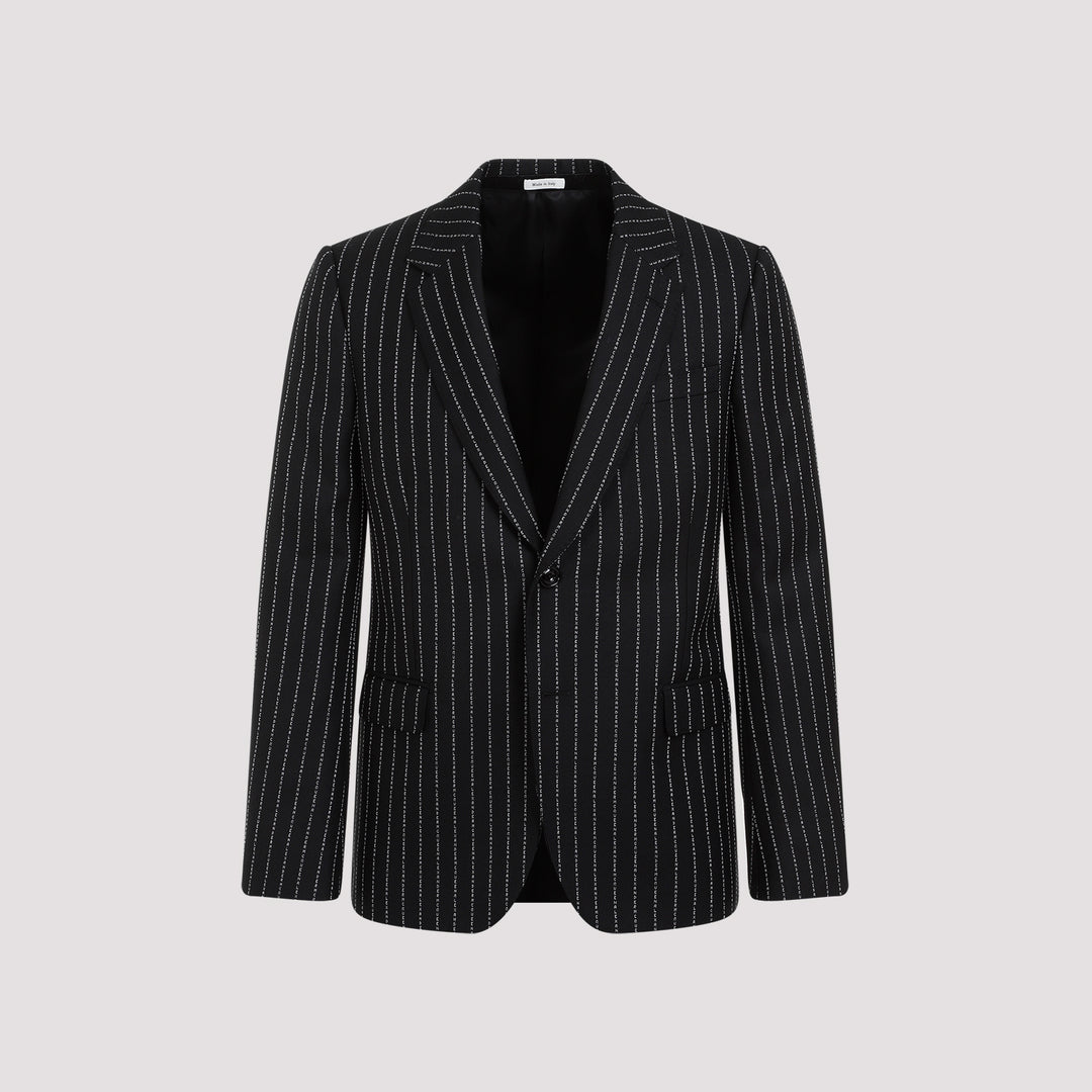 Black White Pinstripe Wool Blazer-0