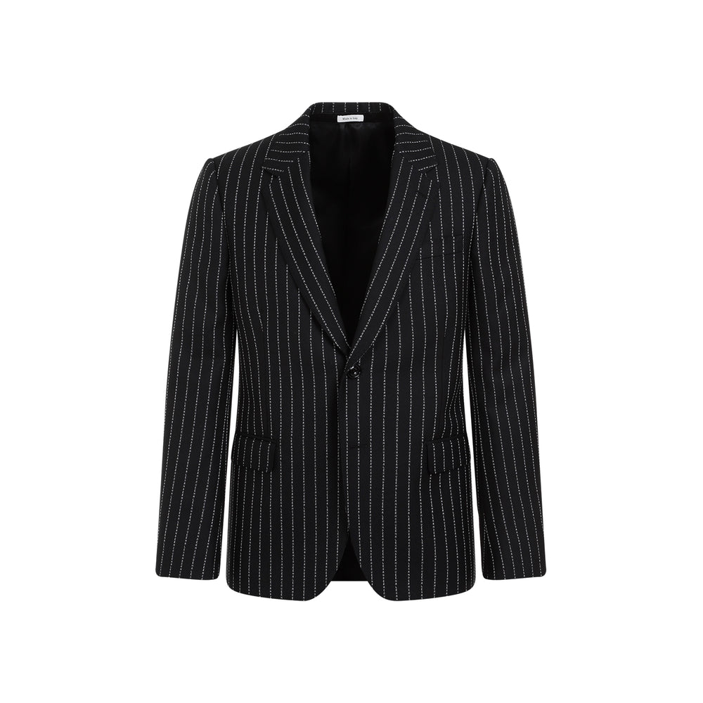 Black White Pinstripe Wool Blazer-1