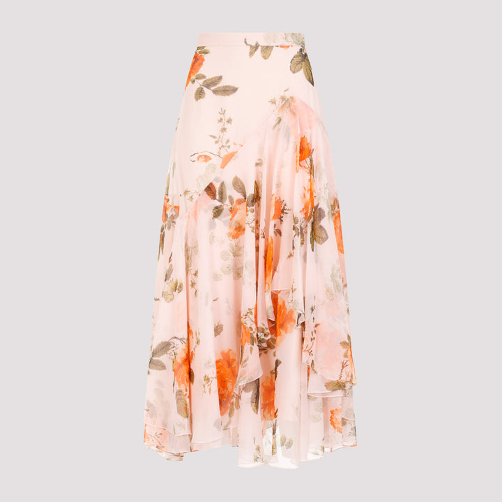 Shell Pink Silk Midi Skirt with Tiered Frilled Hem-0