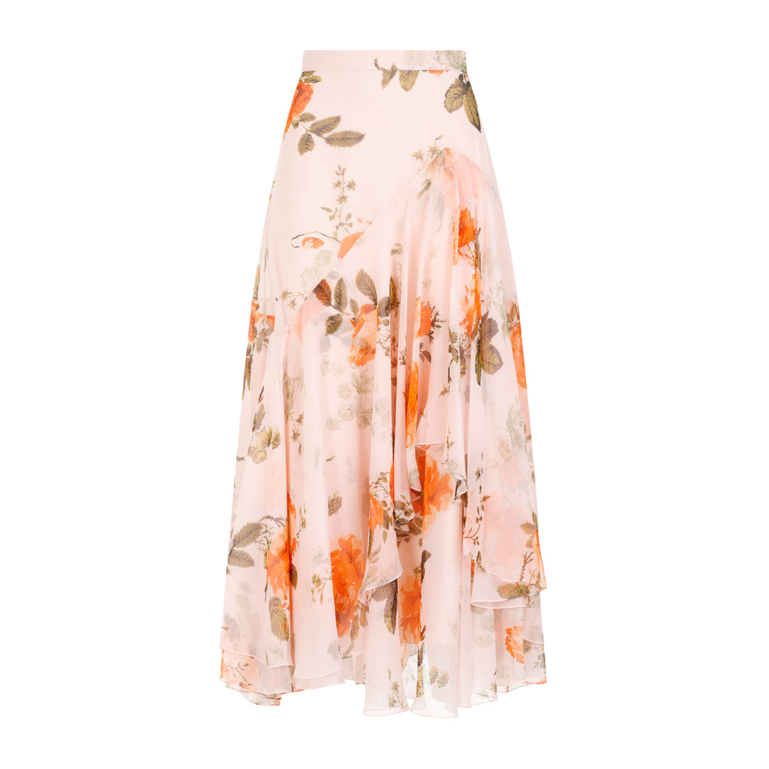 Shell Pink Silk Midi Skirt with Tiered Frilled Hem-1