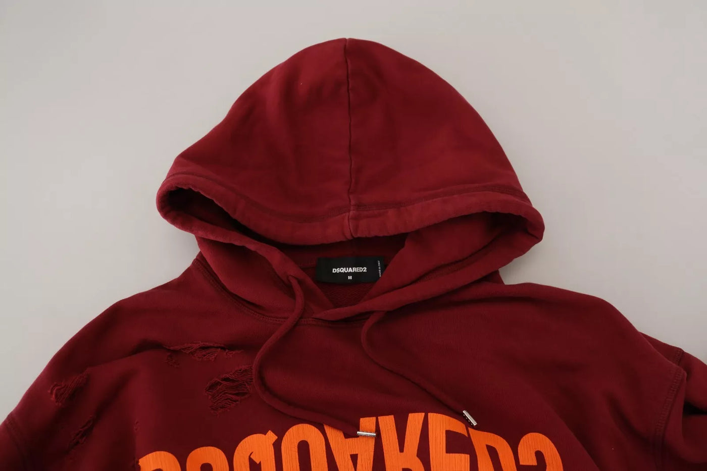 Dsquared² Maroon Cotton Tattered Hooded Printed Pullover Sweater