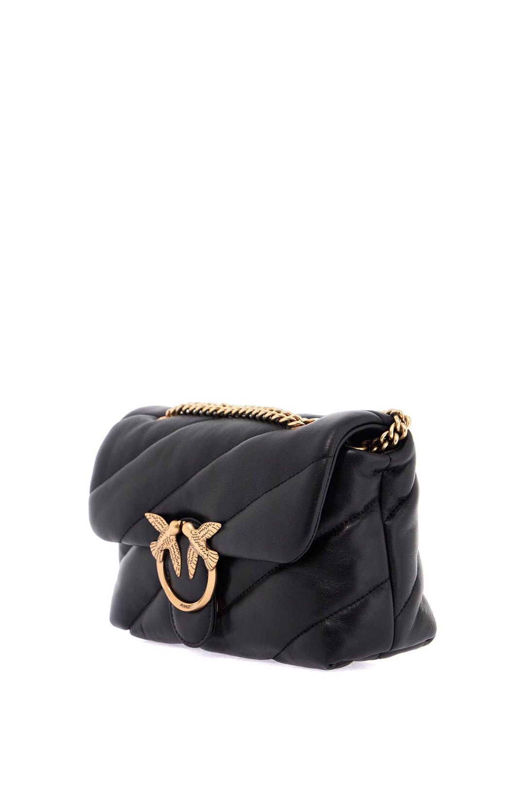 mini black quilted bag with golden chain love puff-2