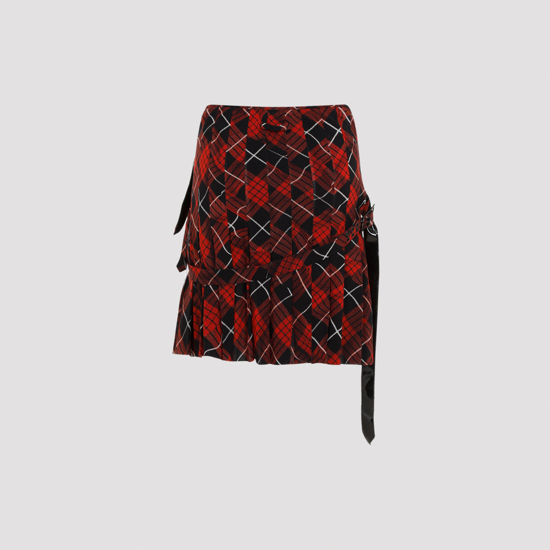 Red Pleated Mesh Printed "Distorted Tartan" Short Skirt-0