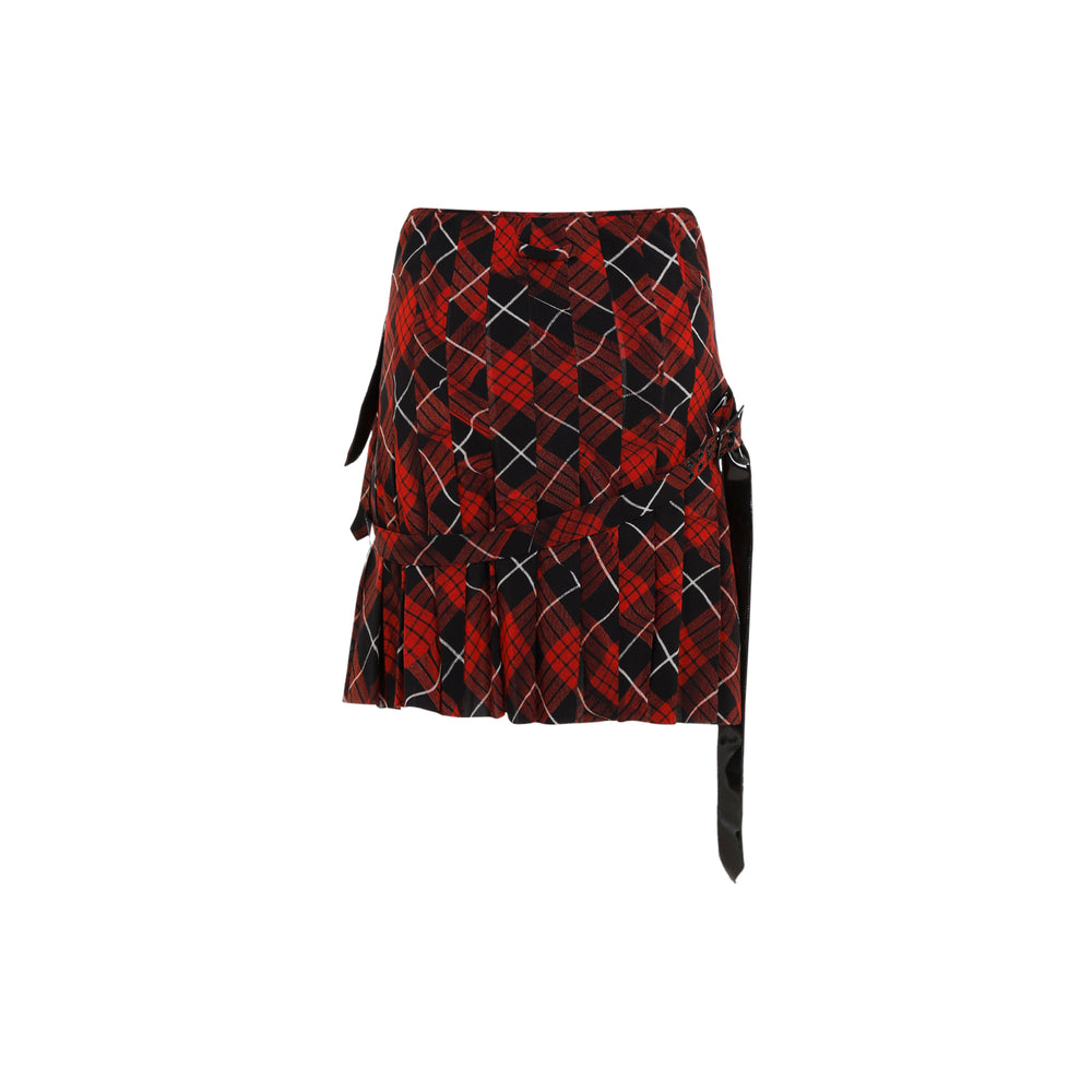 Red Pleated Mesh Printed "Distorted Tartan" Short Skirt-1