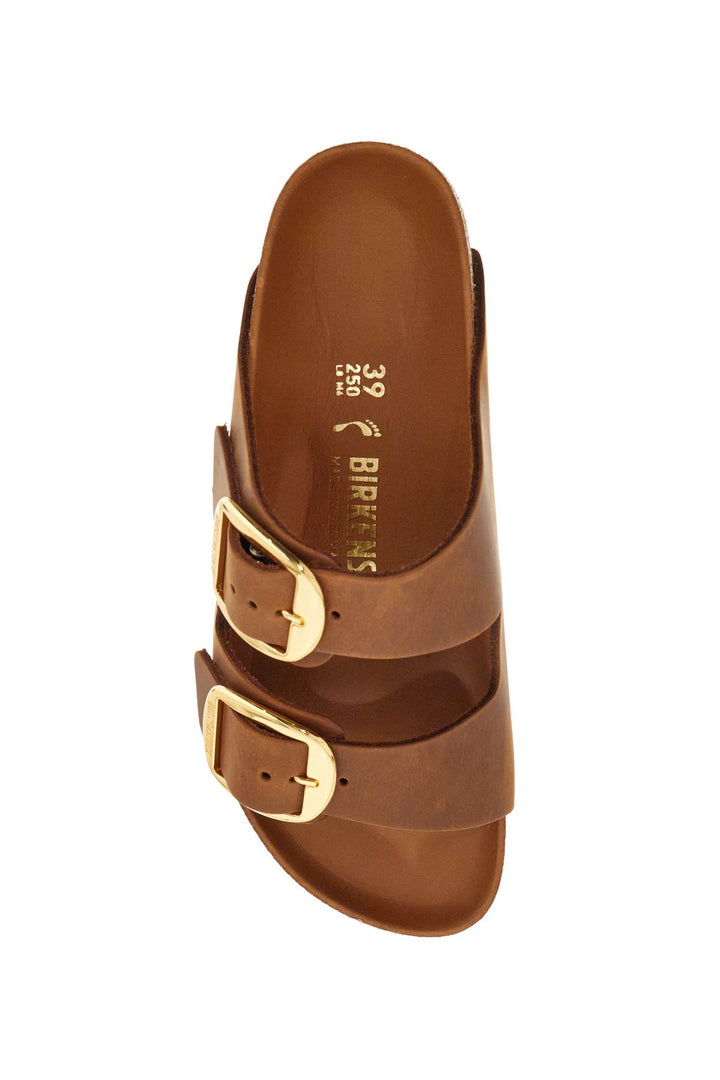 oiled leather cognac slippers with large golden buckles-1