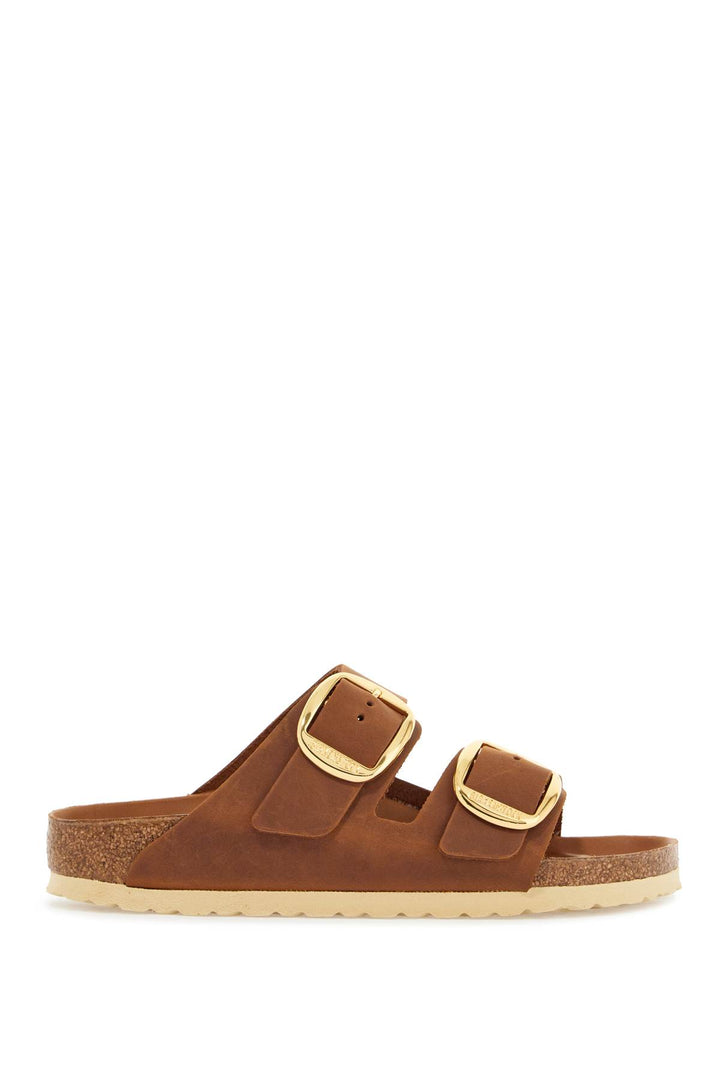 oiled leather cognac slippers with large golden buckles-0