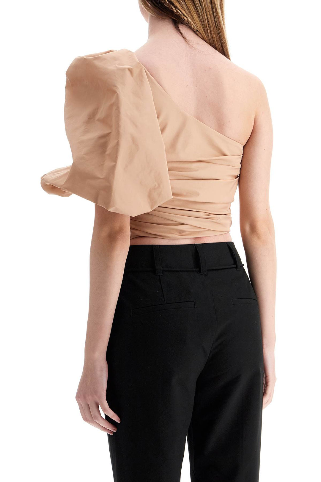 asymmetrical one-shoulder taffeta top in cameo pink-2