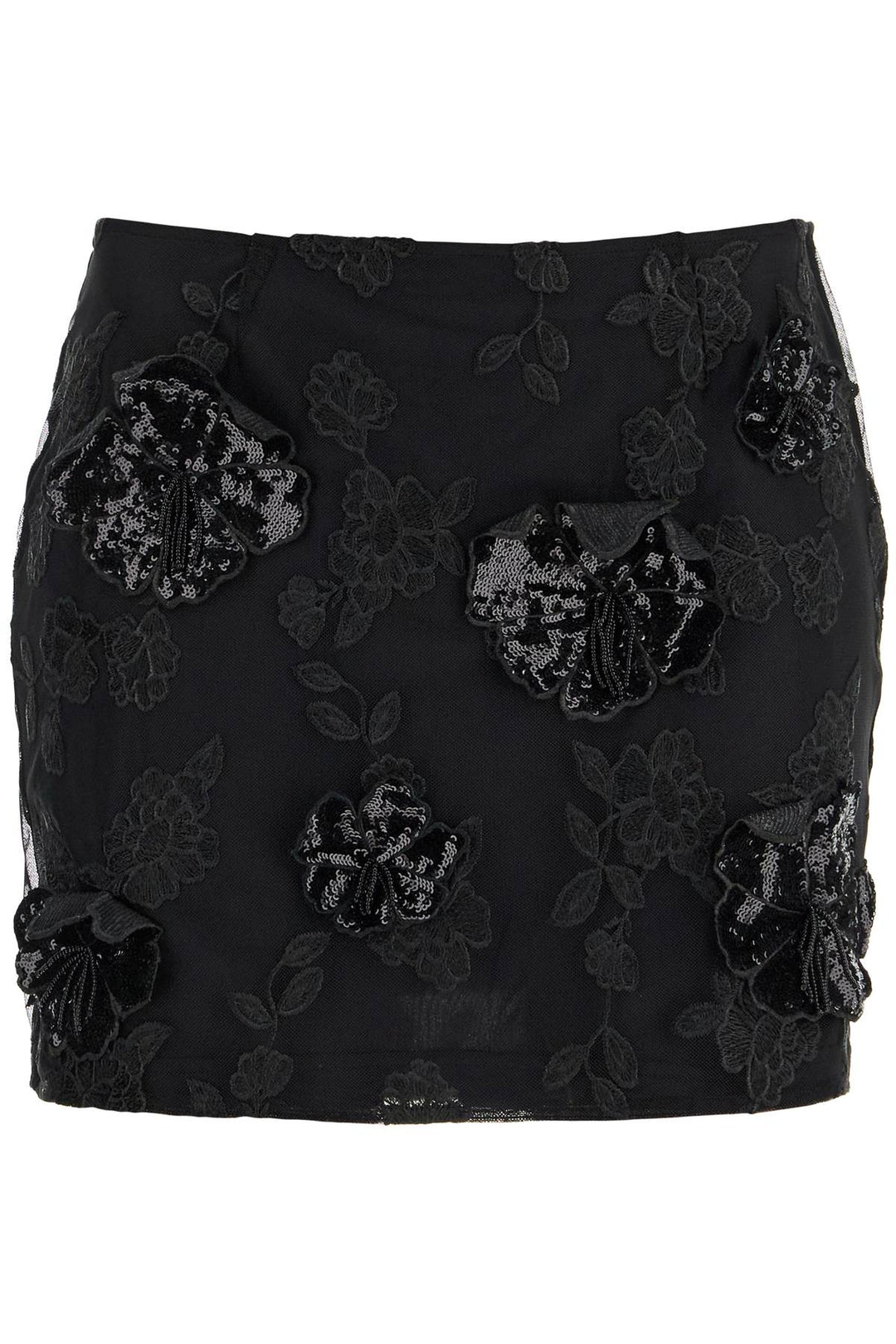 mini skirt in recycled black polyester mesh with floral pattern-0