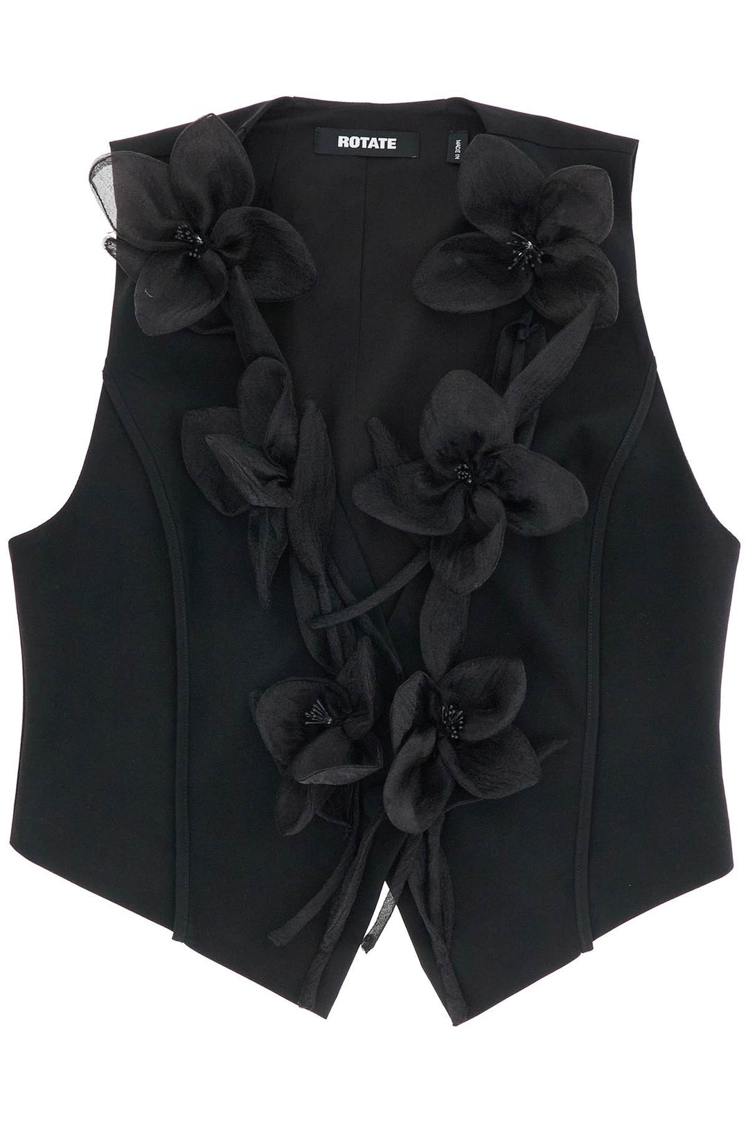 black vest in recycled fabric with flowers without sleeves-0