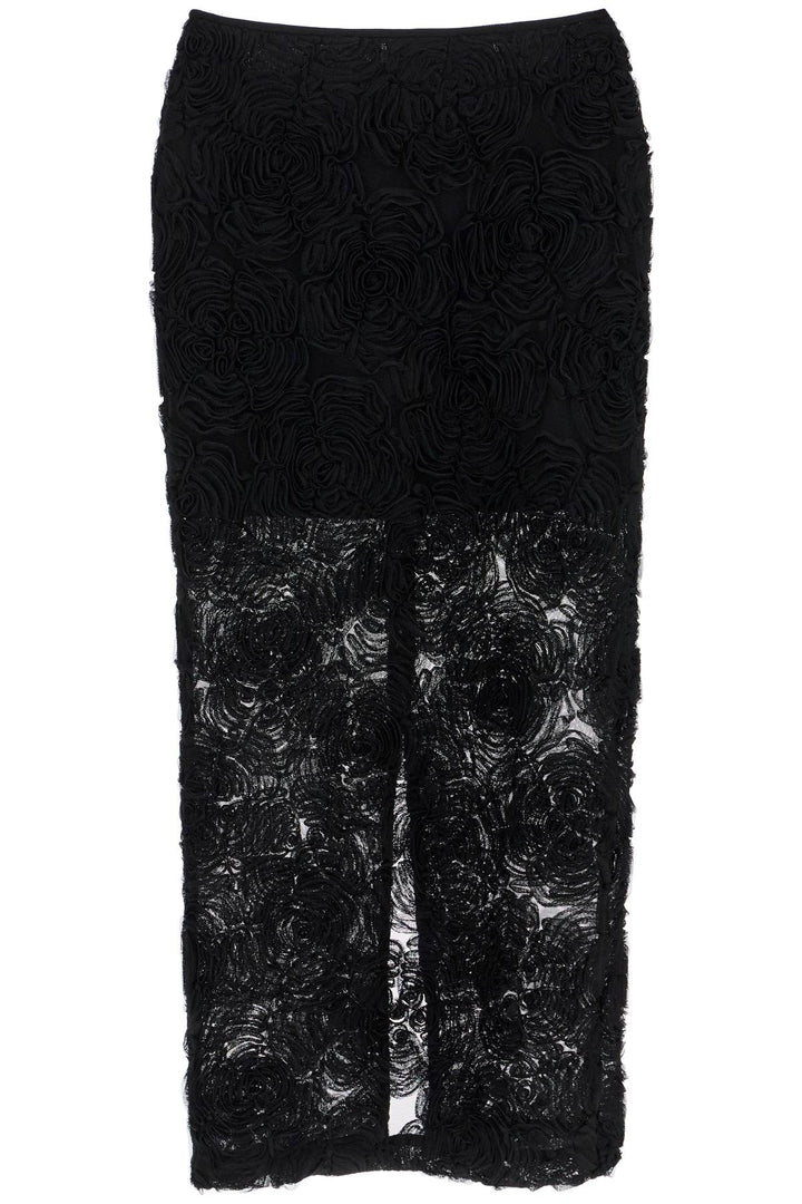 black recycled polyester floral mesh pencil skirt-0