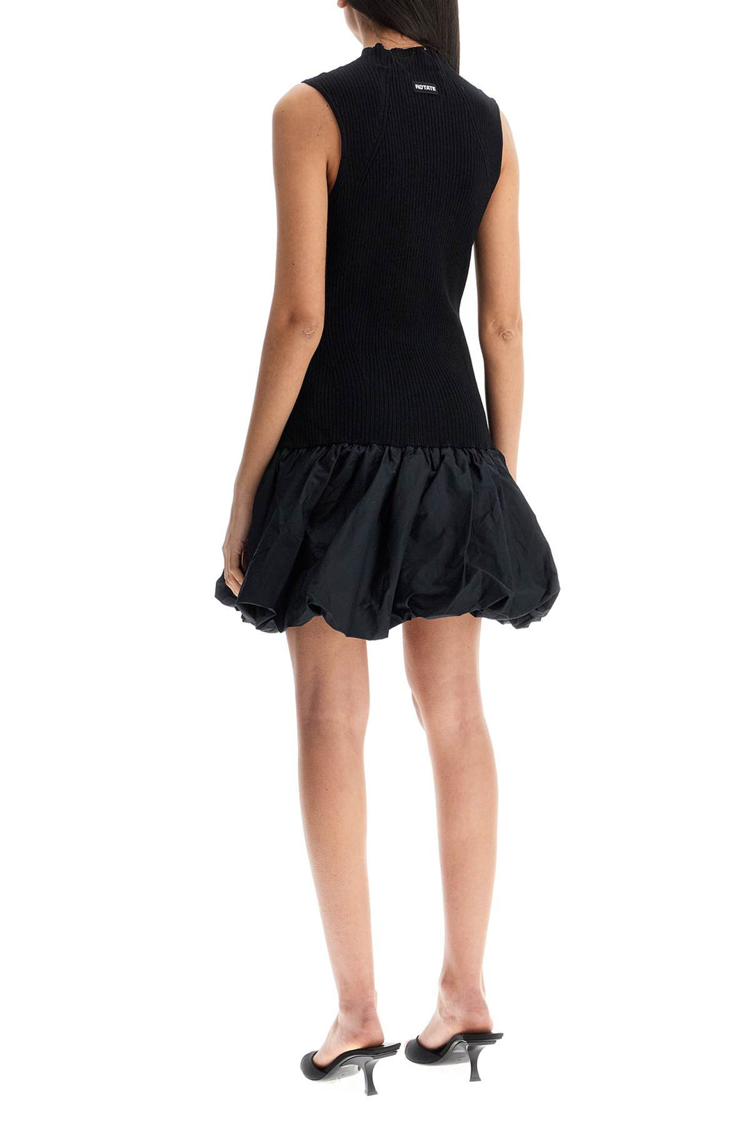 black knit racer cut dress with high neck and flared skirt-2