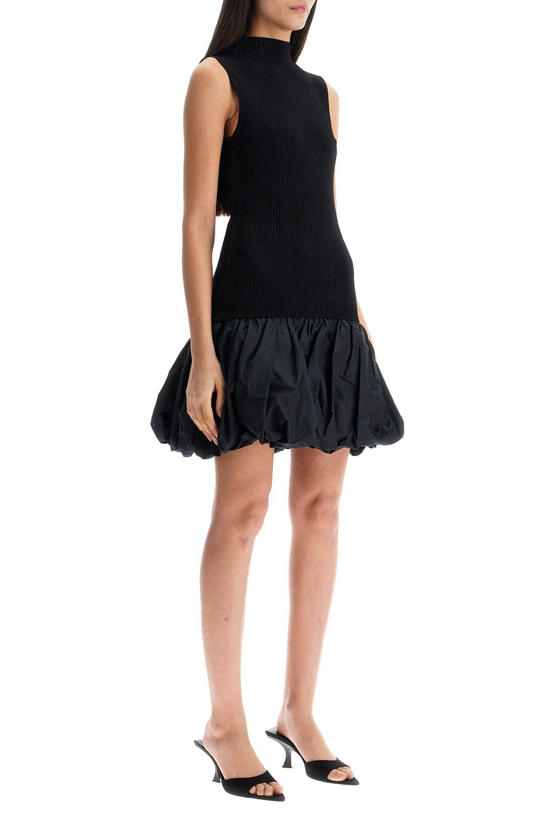 black knit racer cut dress with high neck and flared skirt-1