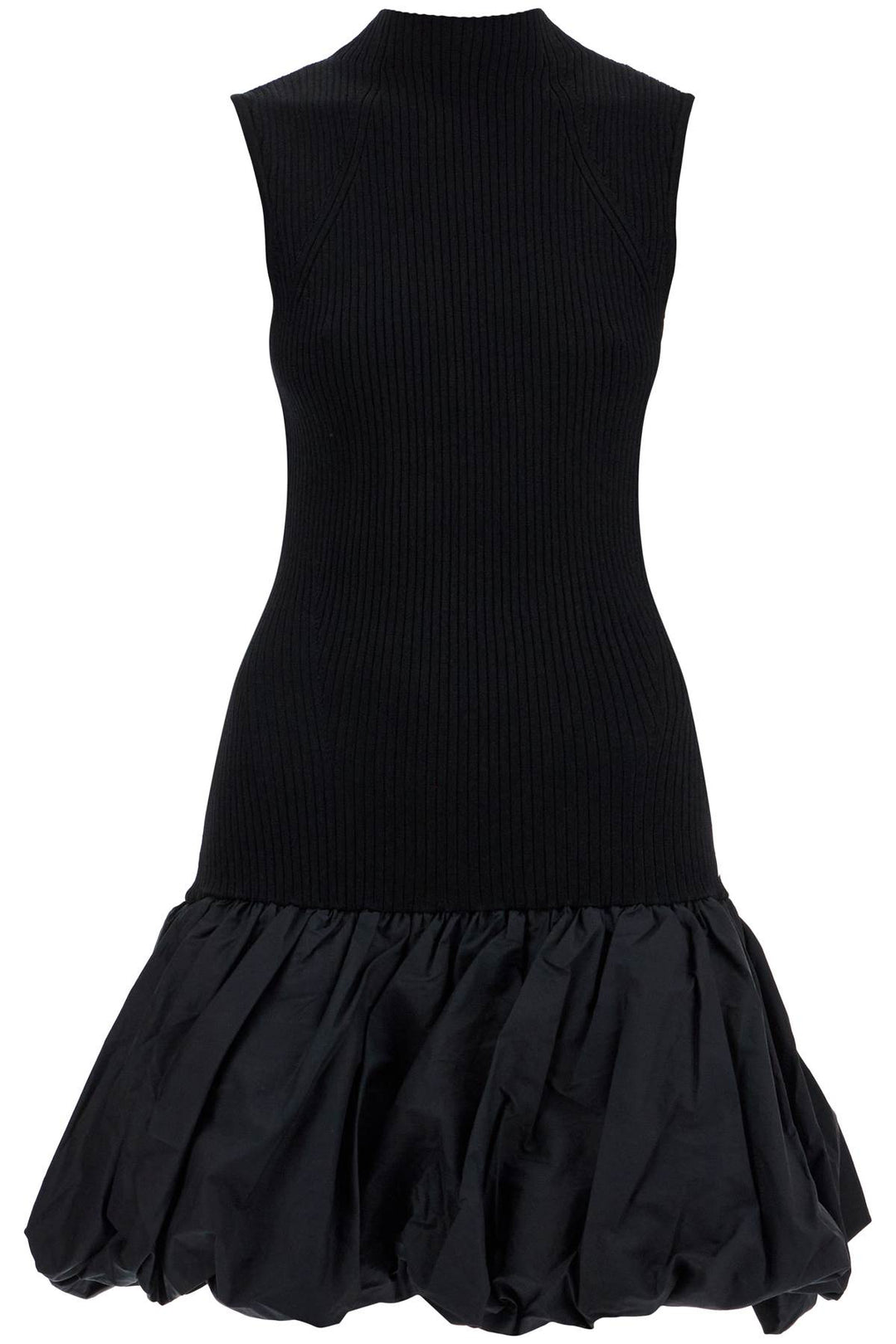 black knit racer cut dress with high neck and flared skirt-0