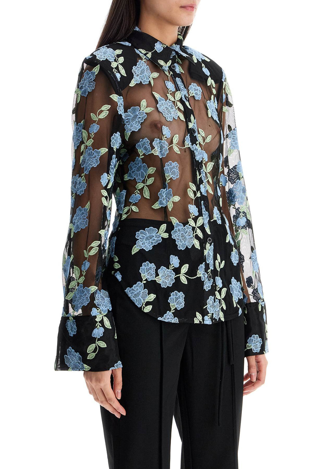 black mesh shirt with floral embroidery-1