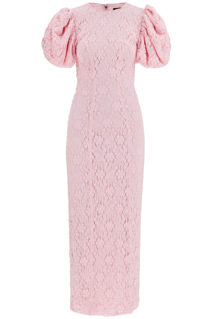 pink floral midi dress with puff sleeves in mixed materials-0