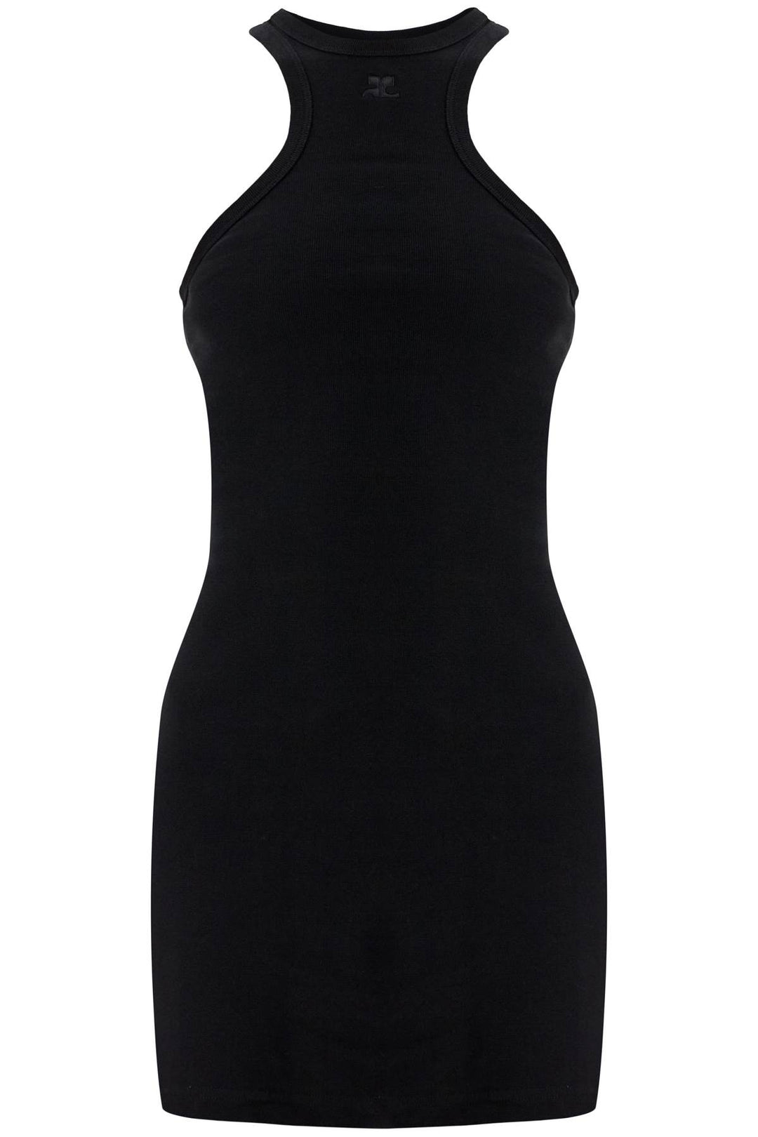 black cotton mini dress with high neck and sleeveless design-0