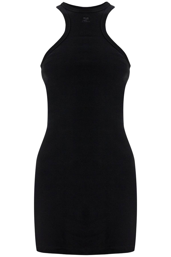 black cotton mini dress with high neck and sleeveless design-0