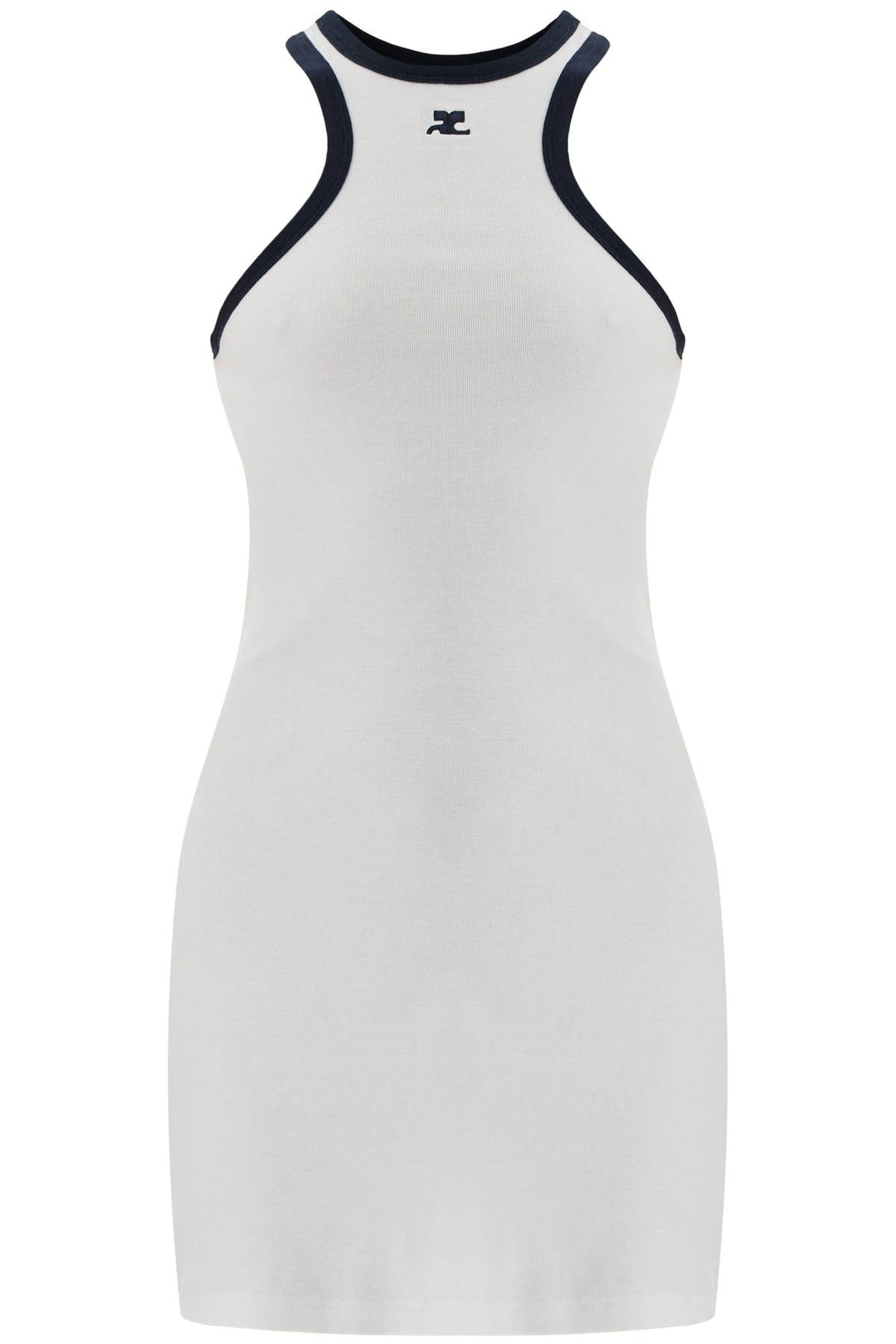 white cotton mini dress with navy blue details and halter neck-0