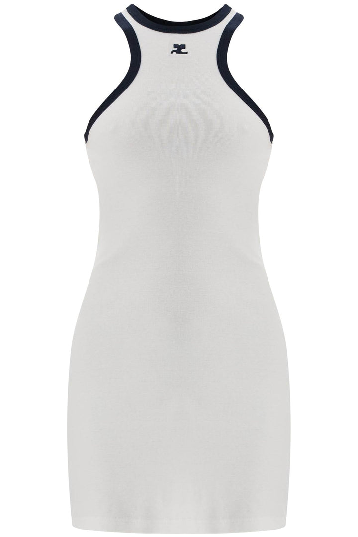 white cotton mini dress with navy blue details and halter neck-0