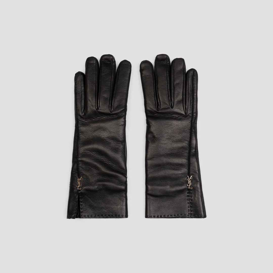 Black Leather YSL Rivet Gloves-0