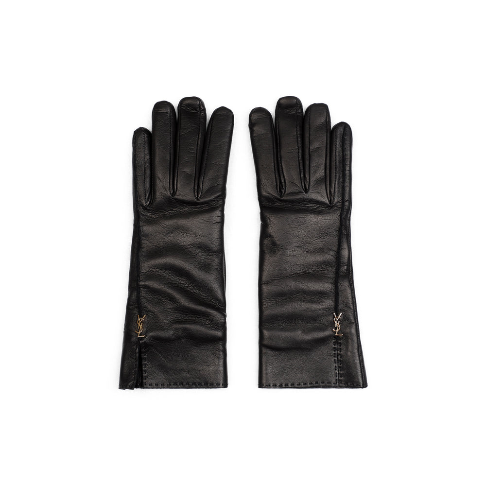 Black Leather YSL Rivet Gloves-1