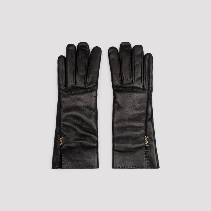 Black Leather YSL Rivet Gloves-2